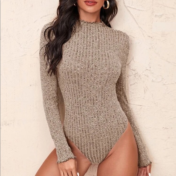 Boho mock neck ribbed knit bodysuit mocha brown - Picture 1 of 14